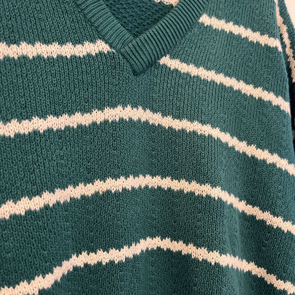 IZOD Vintage 80s Aztec Cotton Striped Grandpa Knit V Neck Sweater, Teal- Med. - Picture 5 of 9